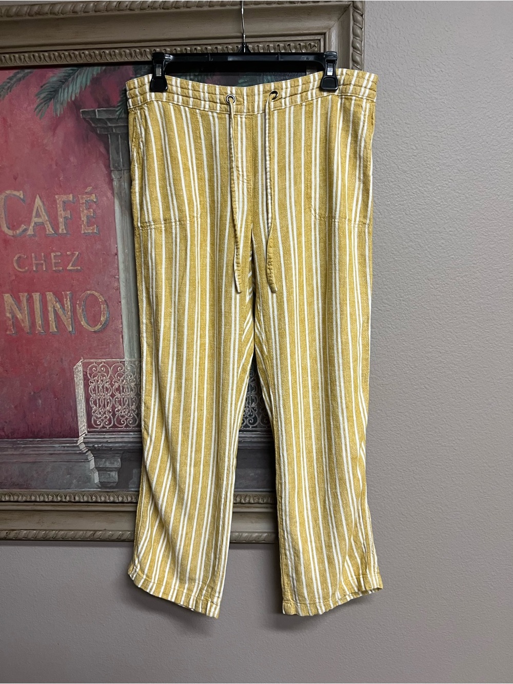 Per Se Yellow Striped Drawstring Linen Blend Pants